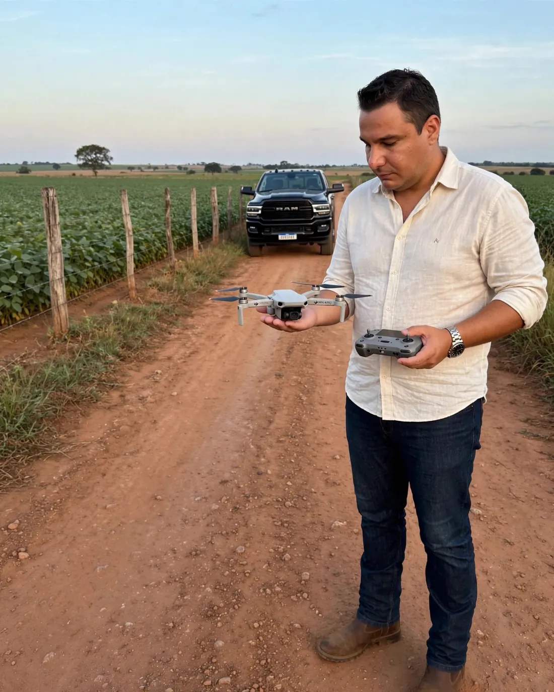 Dr. Thiago Maganha com um drone numa estrada de terra entre lavouras, com a caminhonete ao fundo